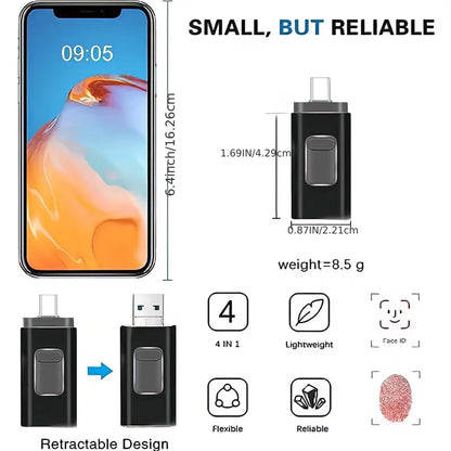 Ruimte tekort op je telefoon? QuadPort™ (USB-C, Lightning, USB-A & Micro-USB)